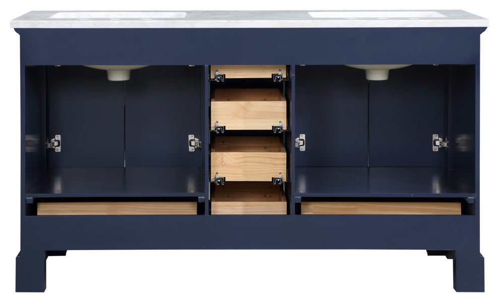 60" W Double Freestanding Bath Vanity, Blue With White Marble Top