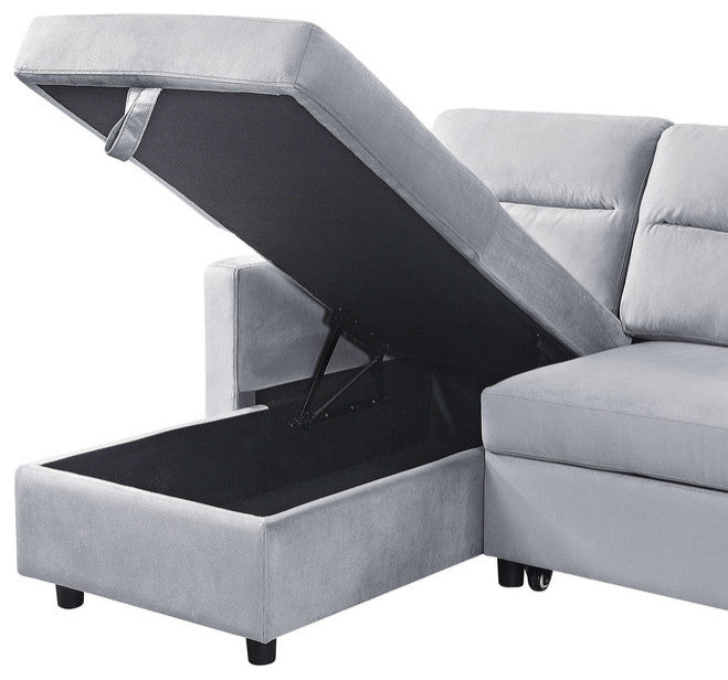 Ivy Light Gray Velvet Reversible Sleeper Sectional Storage Chaise SidePocket