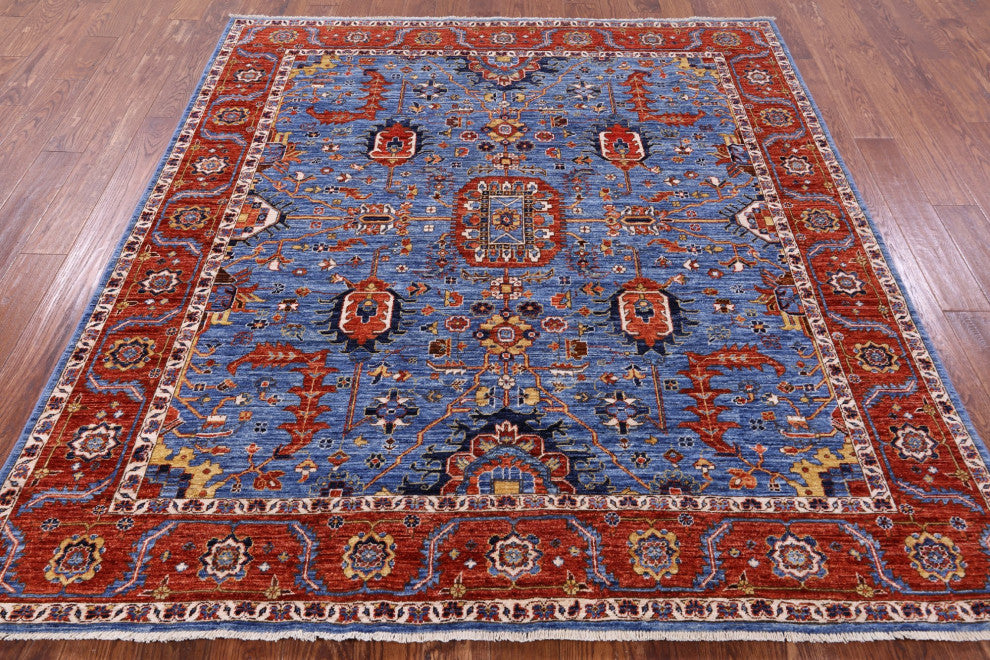 6' 11" X 7' 6" Handmade Square Persian Fine Serapi Wool Rug - Q12904