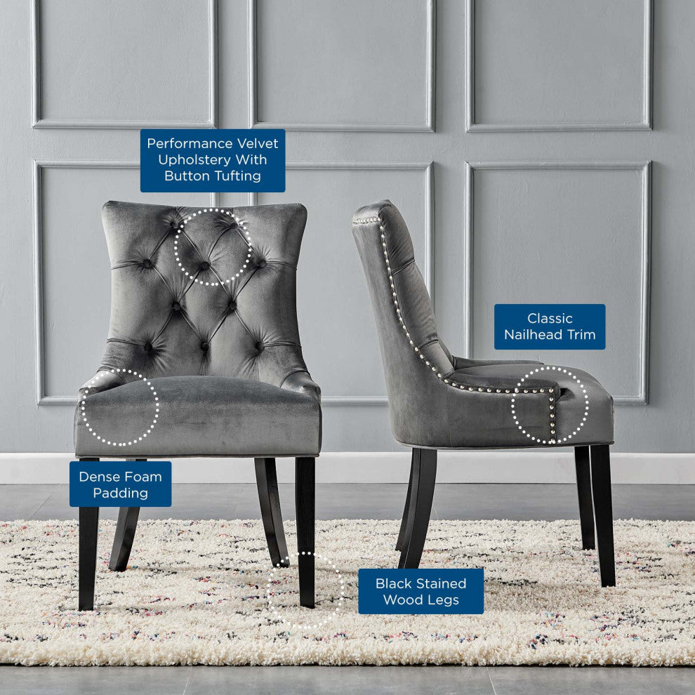 Tufted Side Dining Chair, Set of 2, Velvet, Wood, Dark Gray, Modern, Bistro