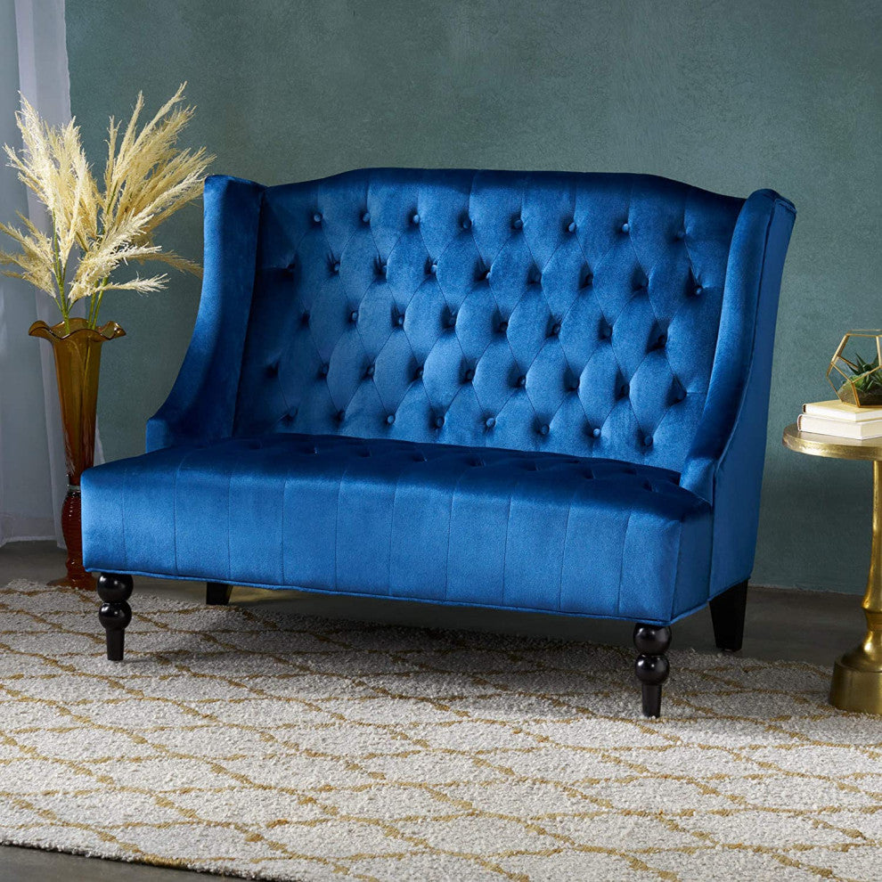 Traditional Tufted Velvet Wingback Loveseat, Navy Blue