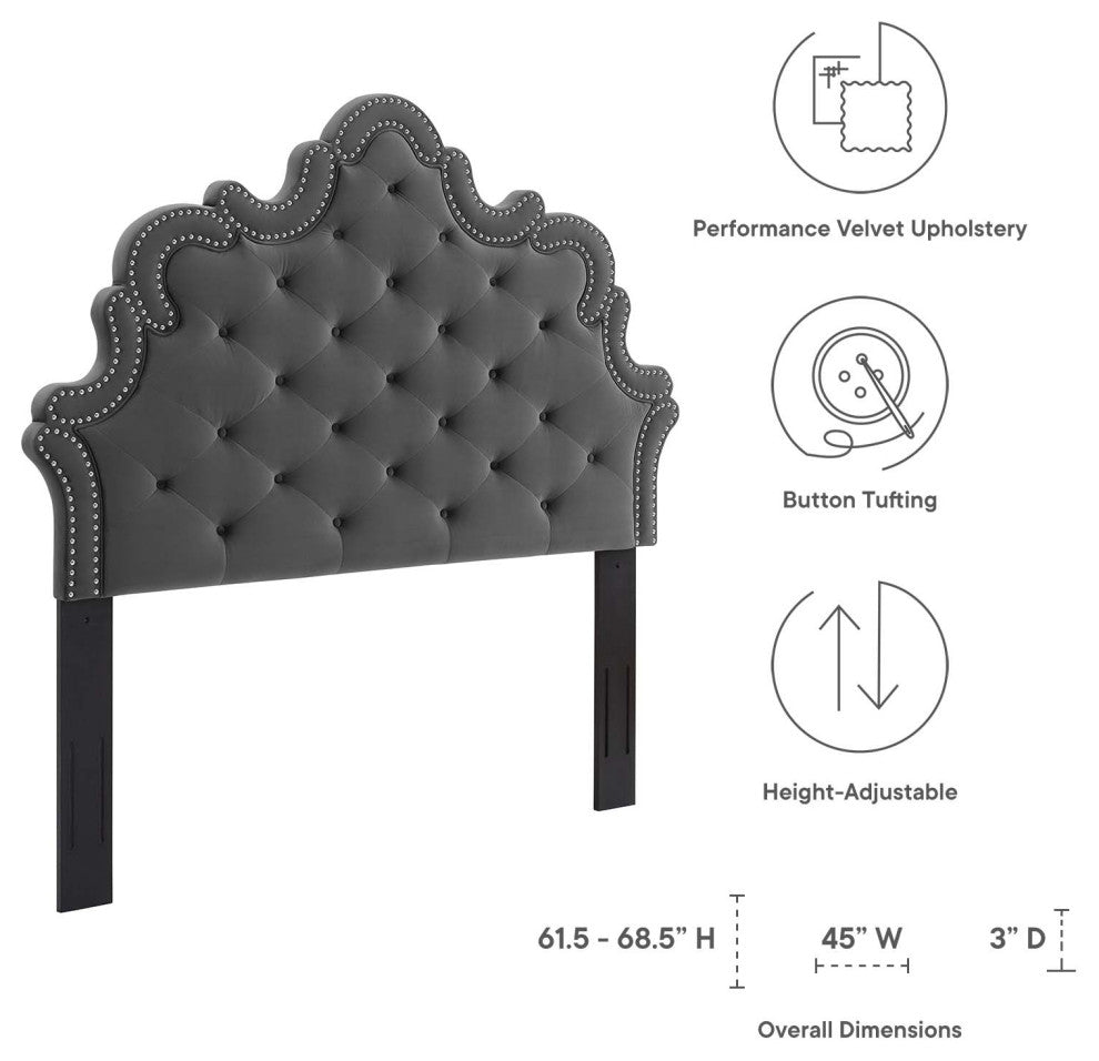 Tufted Headboard, Nailhead, Twin, Charcoal Gray, Velvet, Modern