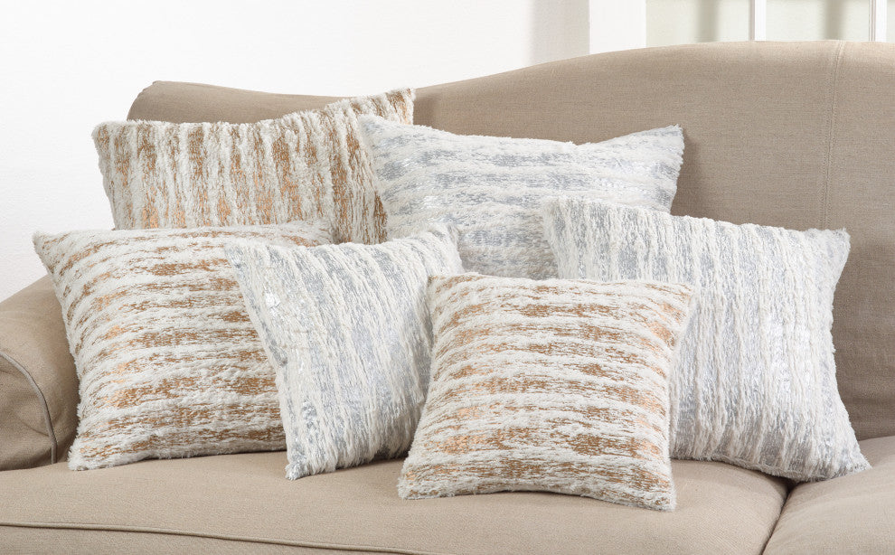 Down Filled Faux Fur With Brushed Metallic Foil Throw Pillow, 18"x18", Silver