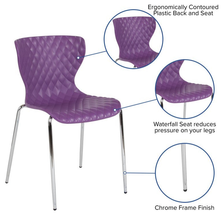 Set of 4 Stackable Dining Chair, Ripple Diamond Patterned Seat, Purple