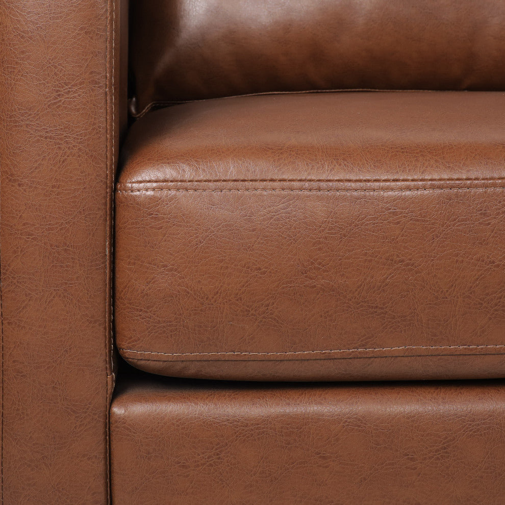 Dowd Mid Century Modern Faux Leather 3 Seater Sofa, Cognac Brown/Dark Brown