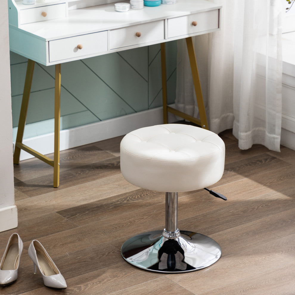 Round Swivel Faux Leather Vanity Stool, White, Standard