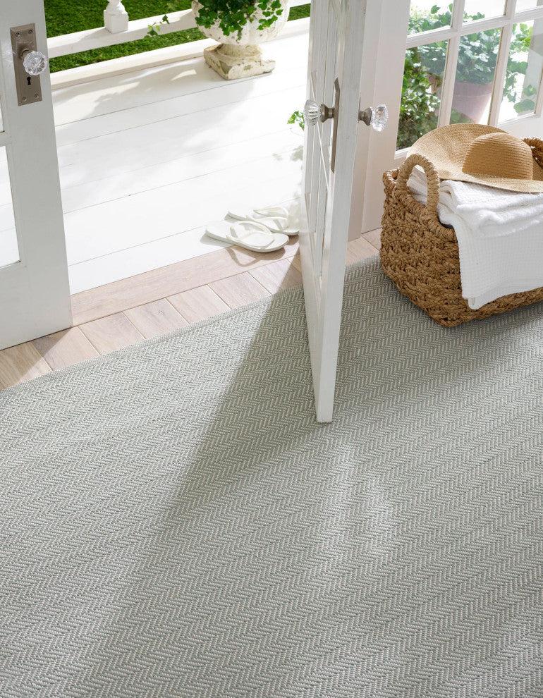 Dash & Albert Herringbone Light Blue/Ivory Indoor/Outdoor Rug, Blue, 2'6" x 12'