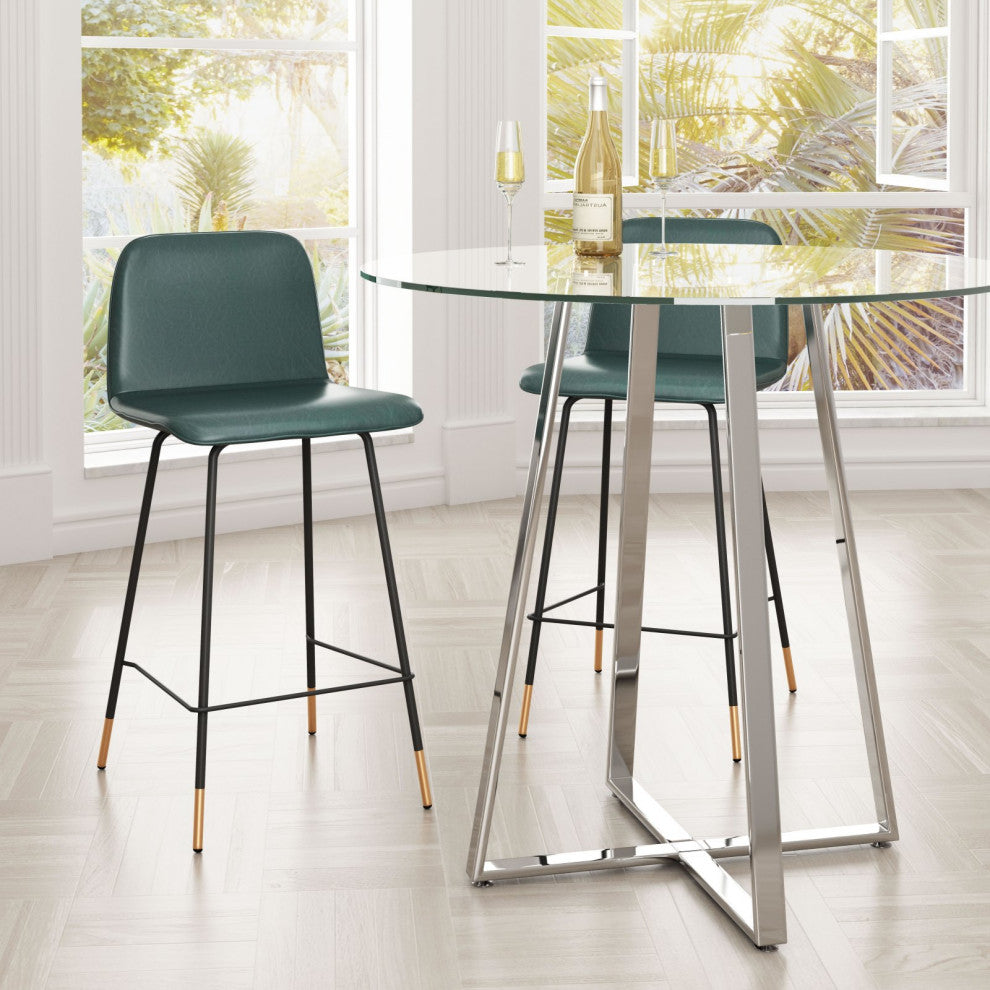 Counter Stool Chair, Steel Metal, Fabric, Green, Black, Gold, Mid Century Cafe