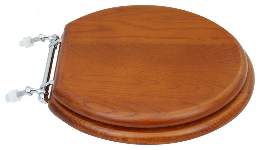Solid Wood Toilet Seat Round Light Mahogany Finish Stained Chrome Hinge