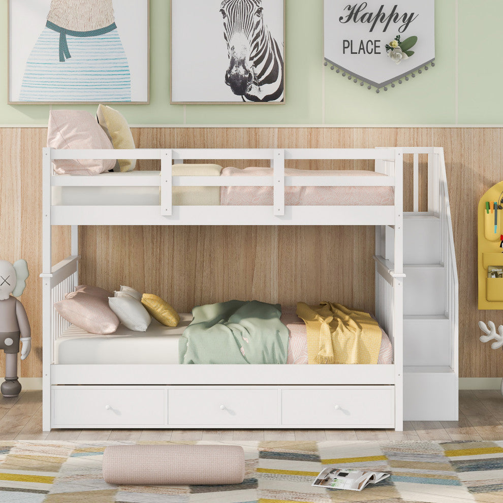 Gewnee Stairway Full-Over-Full Bunk Bed with Drawer,  Rail for Bedroom in White