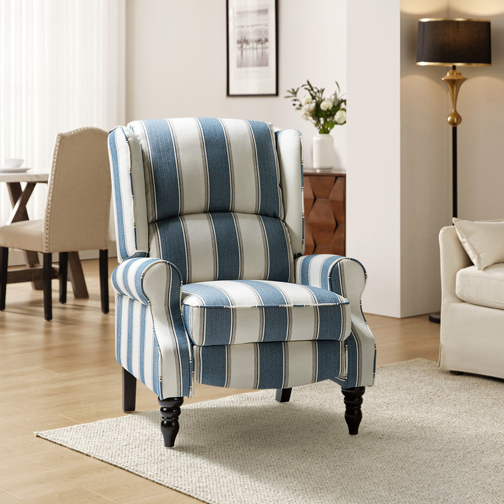 Modern Push-Back Plaid Recliner with Rolled Armrest, Stripe Navy