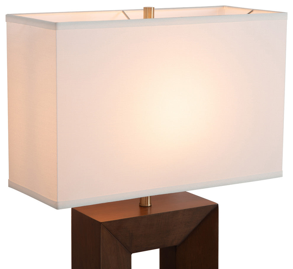 Julie Standing Table Lamp, White Linen Shade, Dark Walnut Wood Finish, Weathered Brass