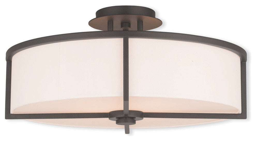 Ceiling Mount With Handcrafted Off-White Fabric Hardback Shade, Bronze