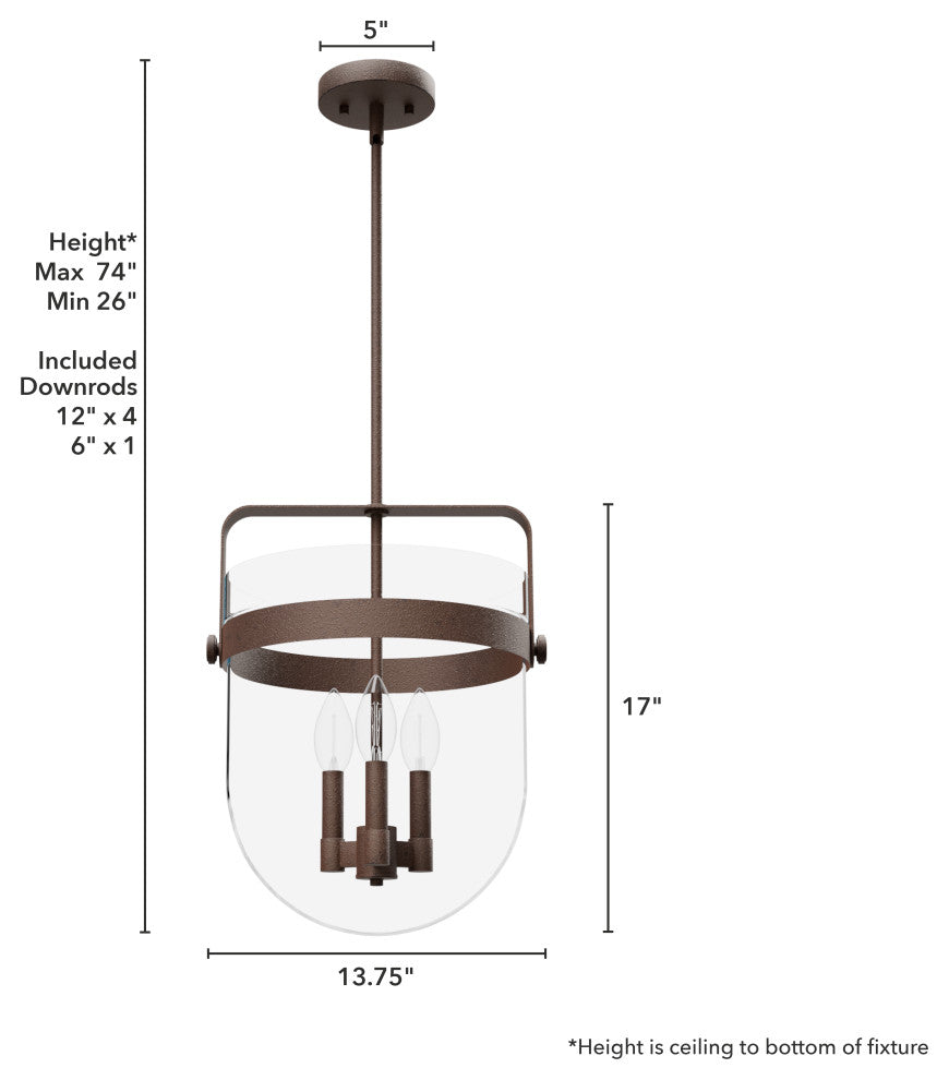 Karloff Textured Rust, Clear Glass 3 Light Pendant Ceiling Light