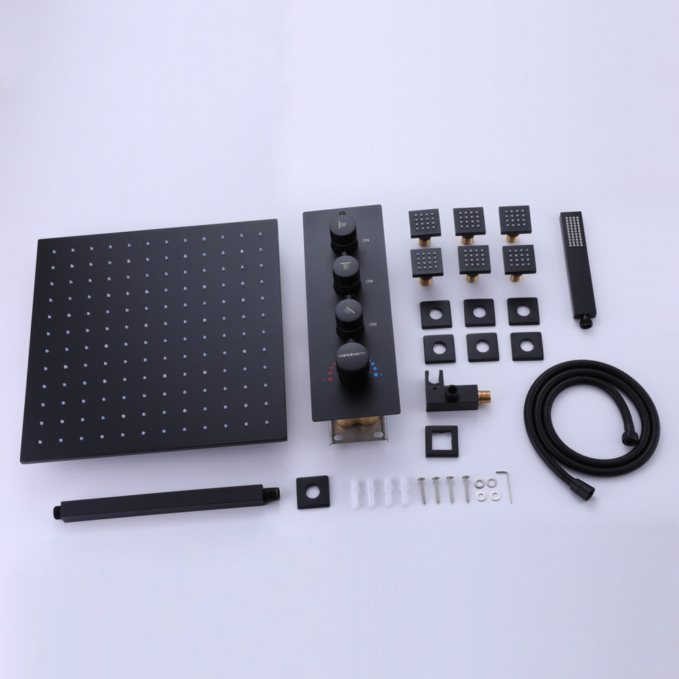 Luxury Thermostatic Shower System with 6 Body Jets & Handheld Shower, Matte Black
