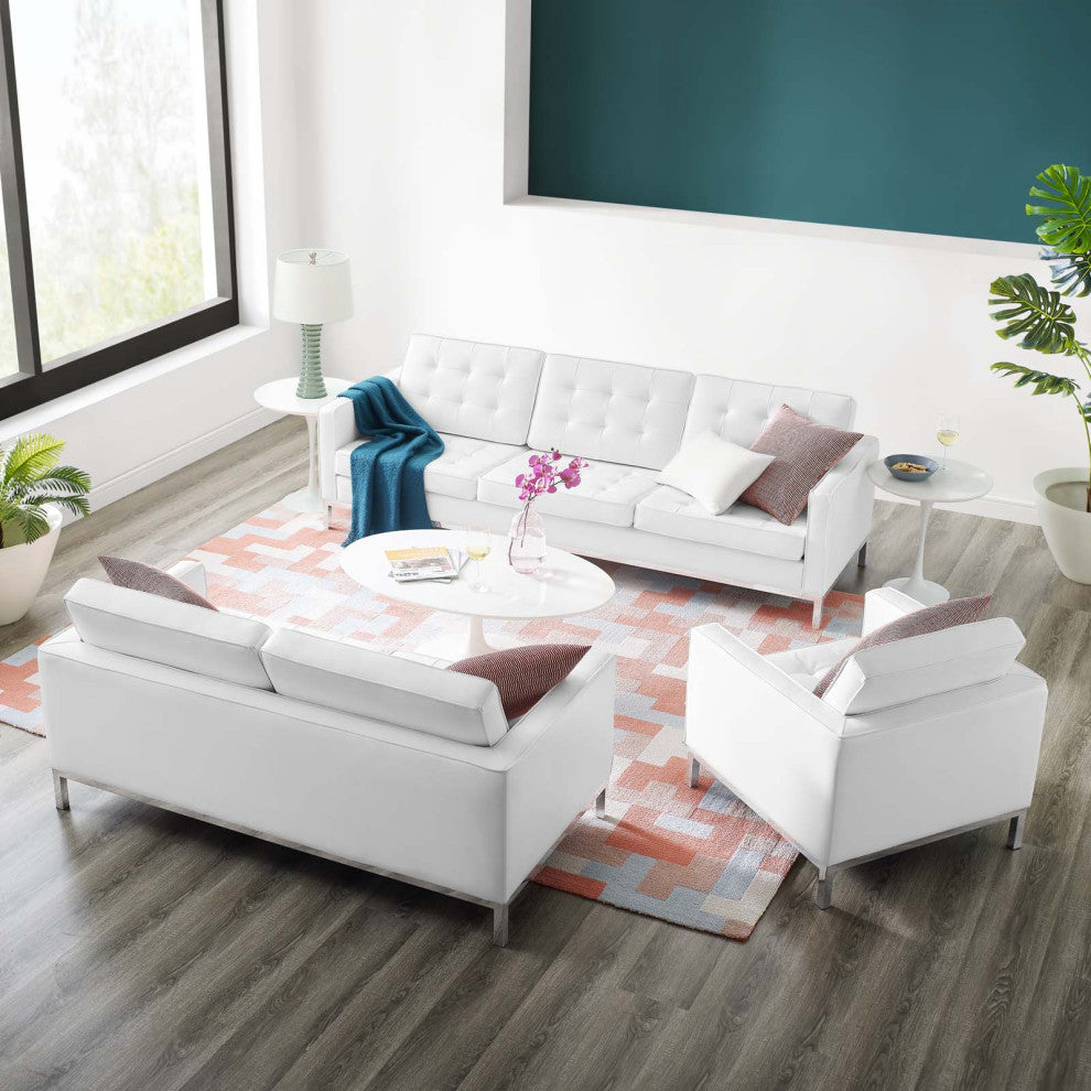 Tufted Armchair and Loveseat Sofa Set, Faux Leather, Silver White, Modern