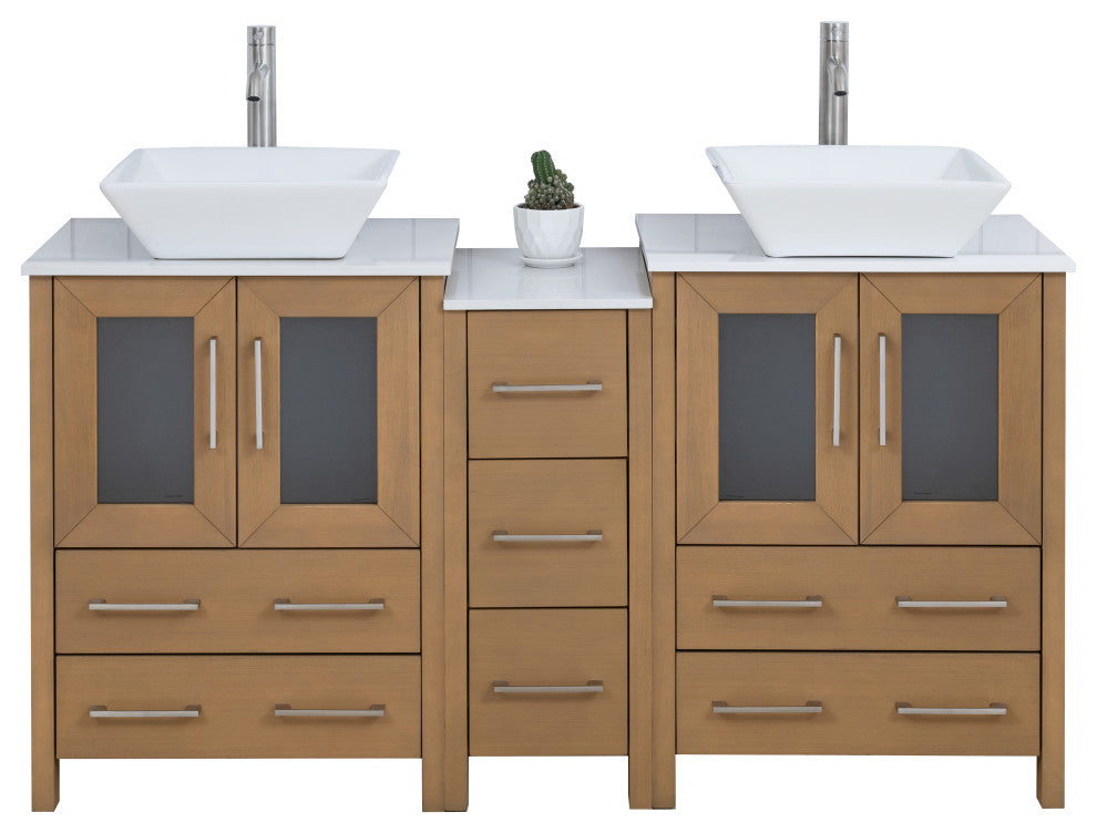 Vanity Art Bathroom Vanity Set With Sink, Natural Oak, 60", Standard Mirror