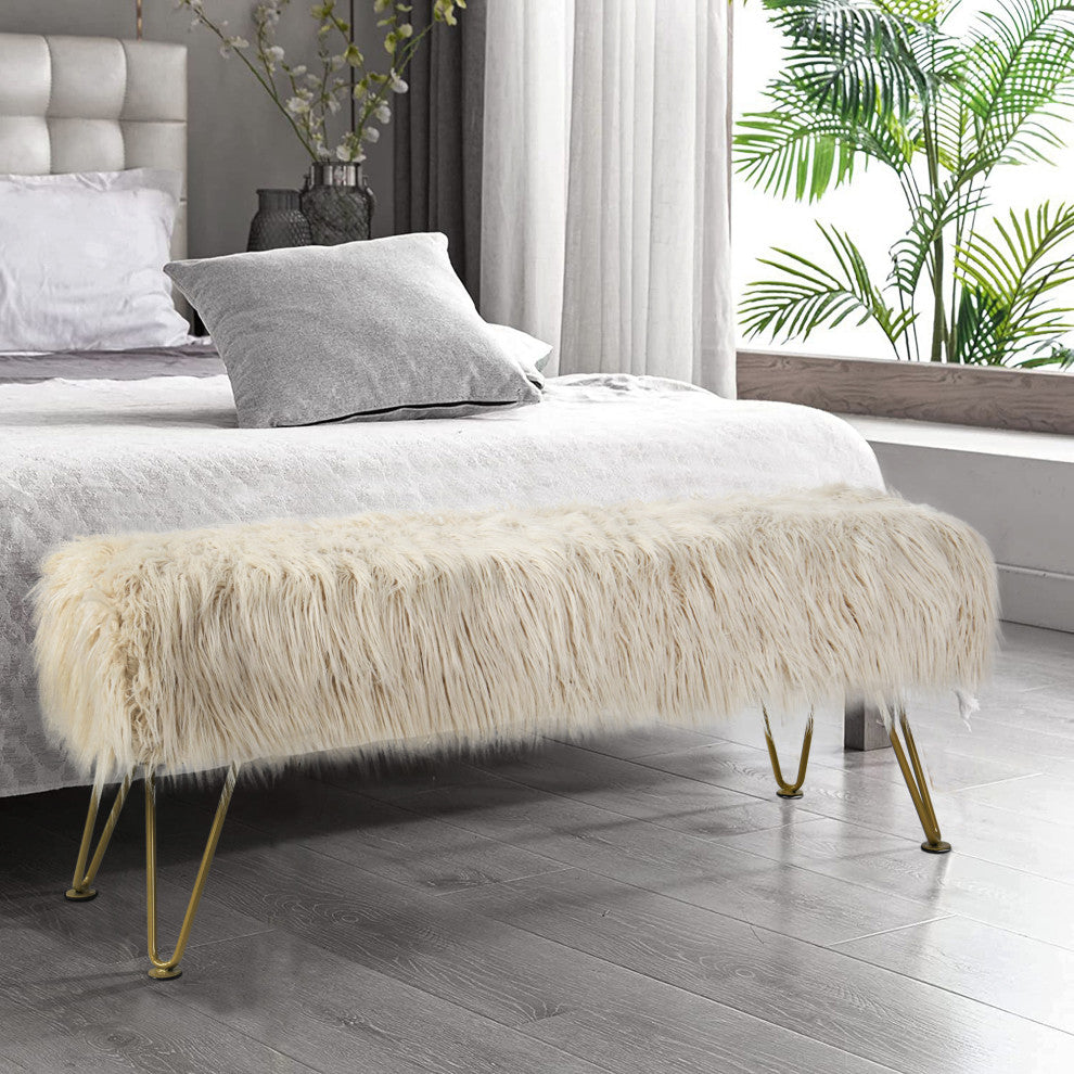 Mongolian Faux Fur Upholstered Ottoman Bench, Oatmeal, 46x16x22