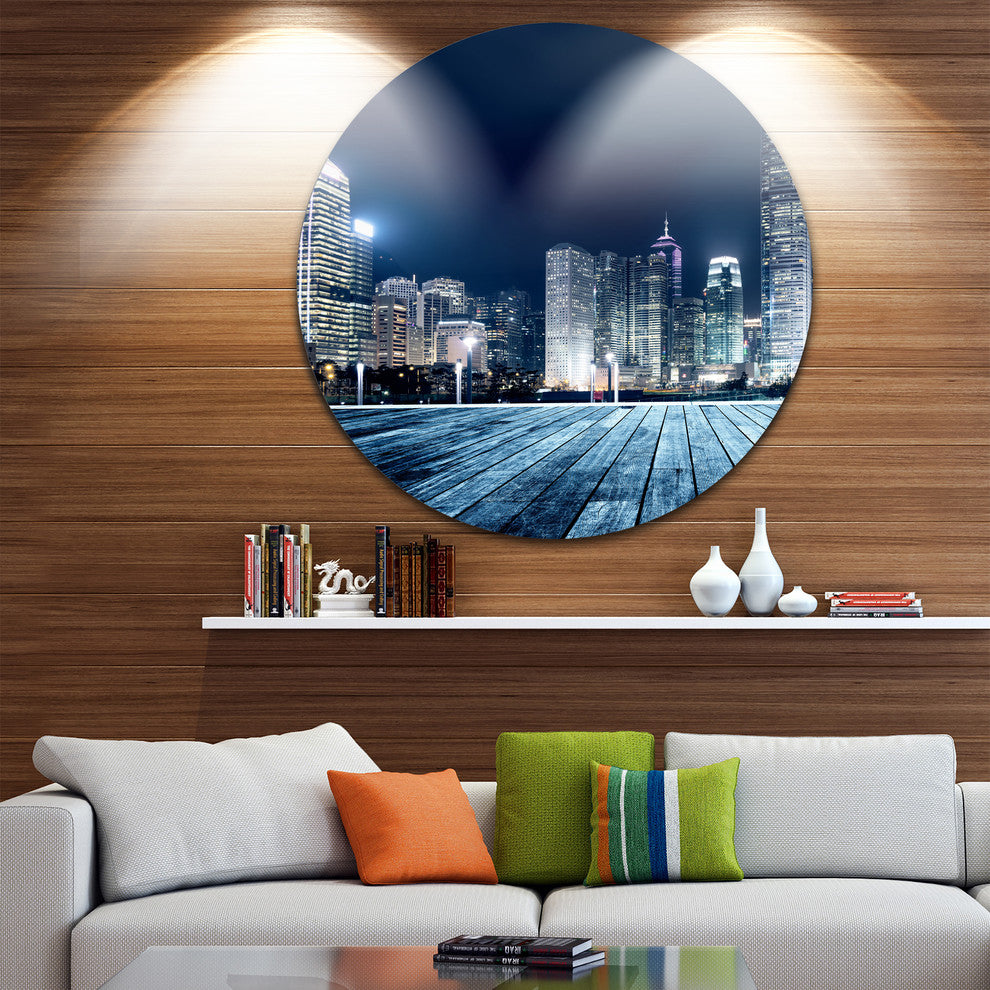 Blue Hong Kong City Skyline, Cityscape Large Disc Metal Wall Art, 23"