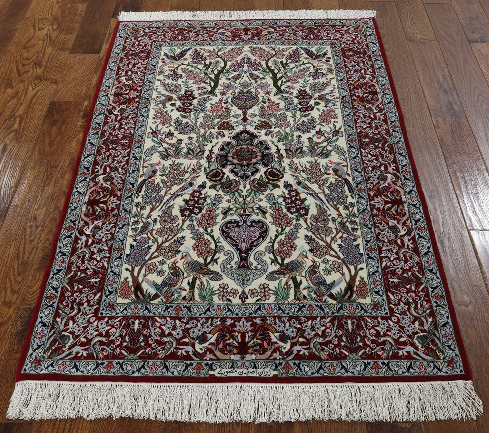 Hand Knotted Wool and Silk Authentic Persian Isfahan Signed Rug, 3'8"x5'6"