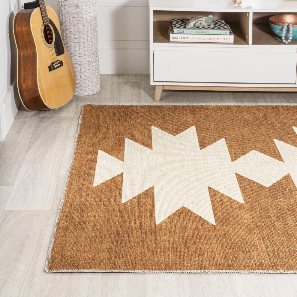 Chayton Minimalist Geometric Machine-Washable Area Rug, Rust/Cream, 5x8