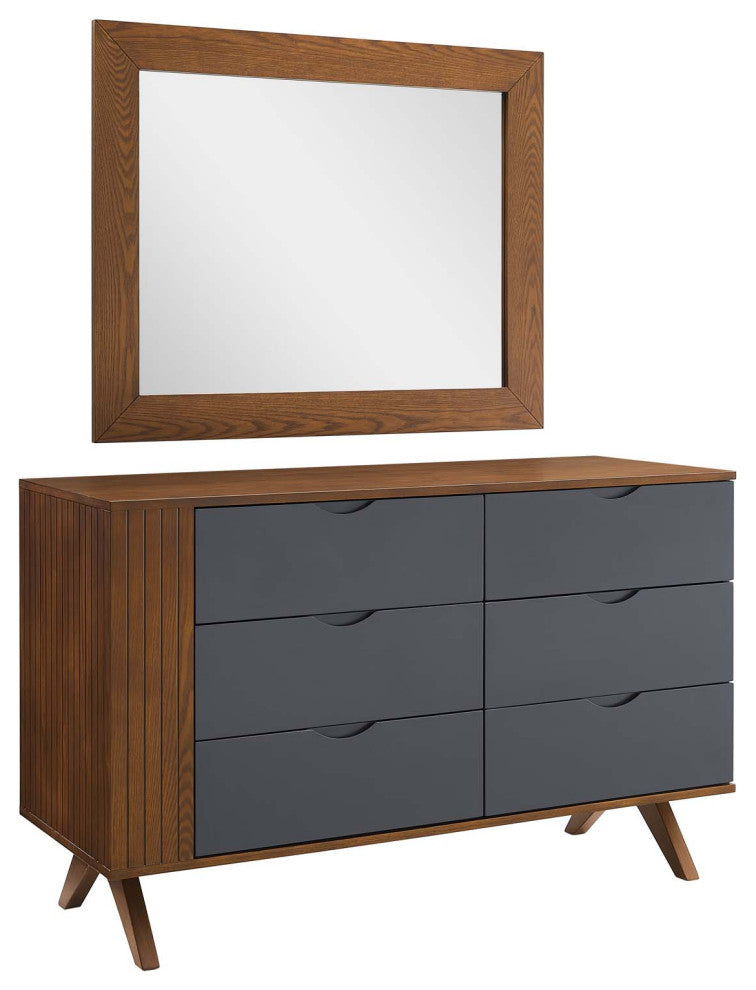 Dresser Drawer Chest Mirror Set, Walnut, Wood, Modern, Mid Century Guest Suite