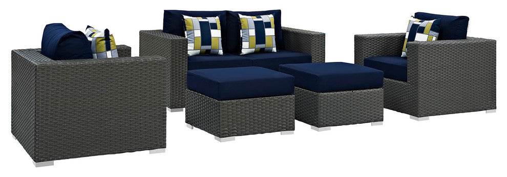 Canvas Navy Sojourn 5-Piece Outdoor Patio Sunbrella Sectional Set
