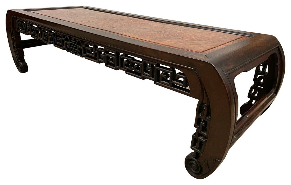 Consigned Antique Chinese Rosewood Carved Coffee Table with Burl Wood Top