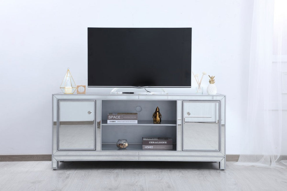 Elegant Decor Modern 60" Mirrored TV Stand in Distressed Antique Silver