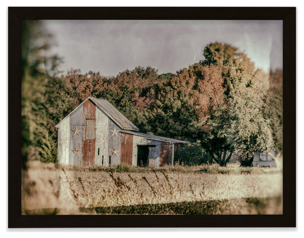 Patriotic Weathered Barn in Field Glass Plate Framed Photo Paper Wall Art Prints, Black, 11" X 14"