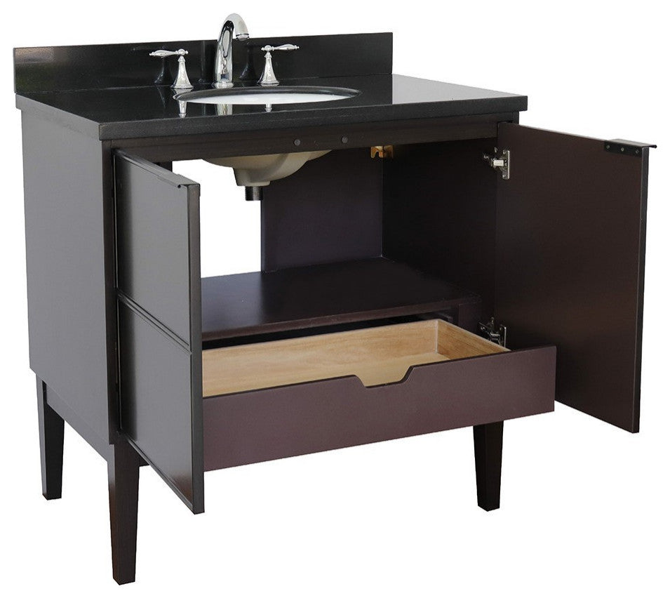37" Single Vanity, Cappuccino Finish With Black Galaxy Top And Oval Sink