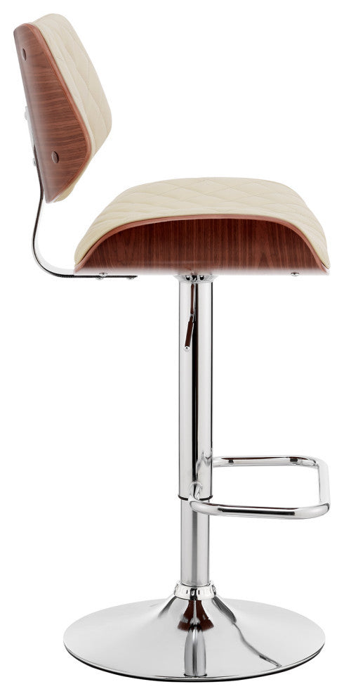 Leland Adjustable Faux Leather and Metal Bar Stool, Cream and Chrome