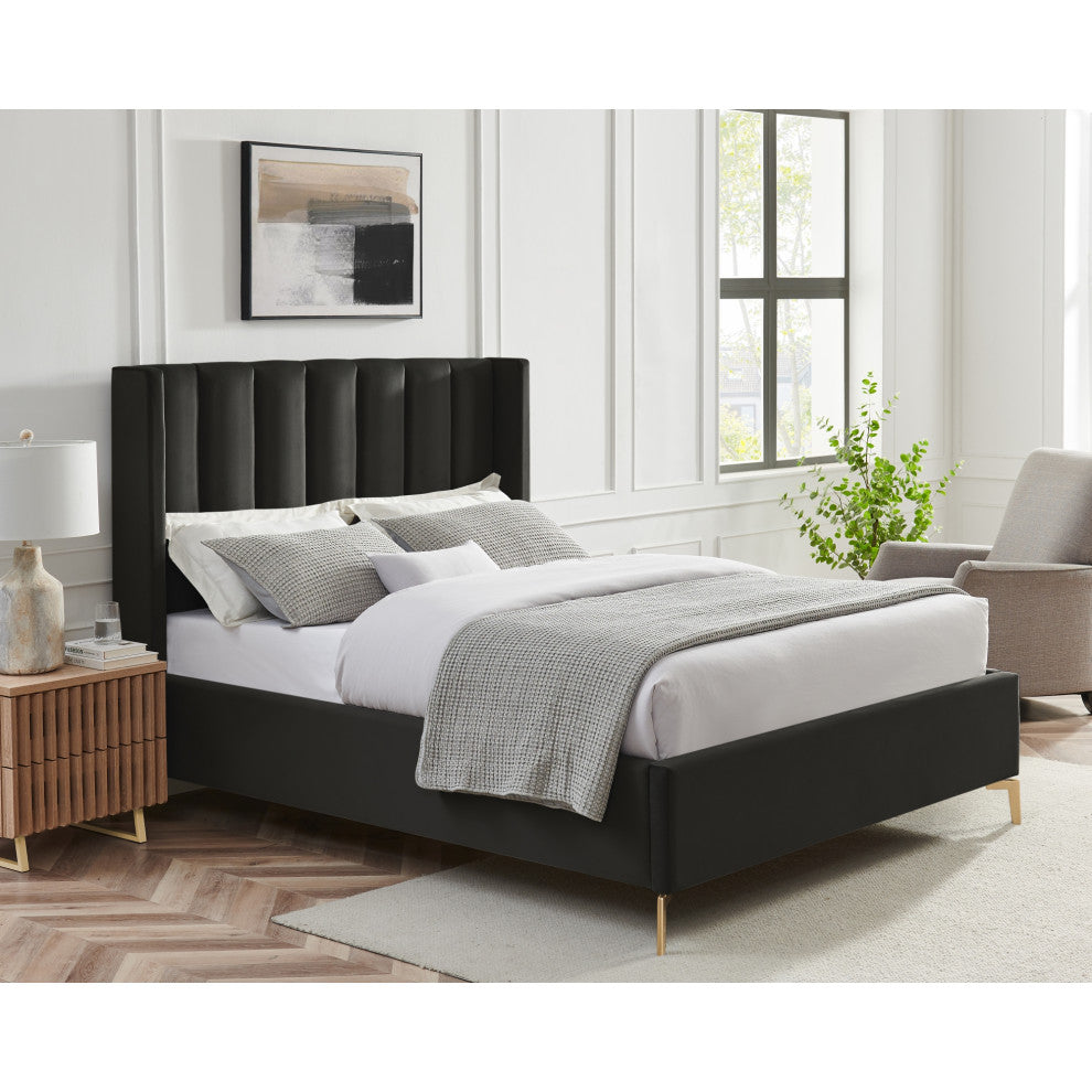 Inspired Home Ameen Bed, Upholstered, Black Velvet King