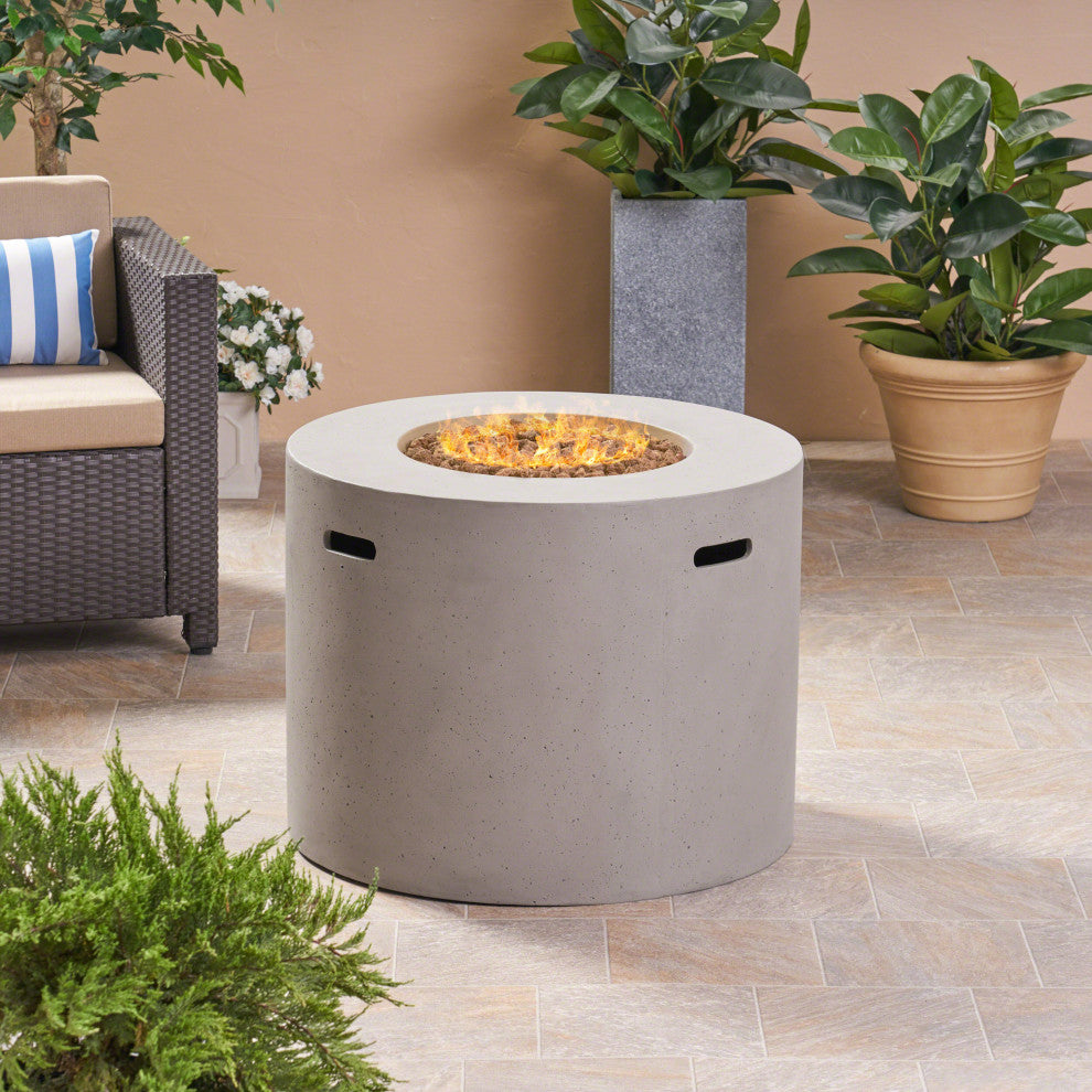 GDF Studio Leo Outdoor 31" Round Light Weight Concrete Gas Burning Fire Pit, Light Gray