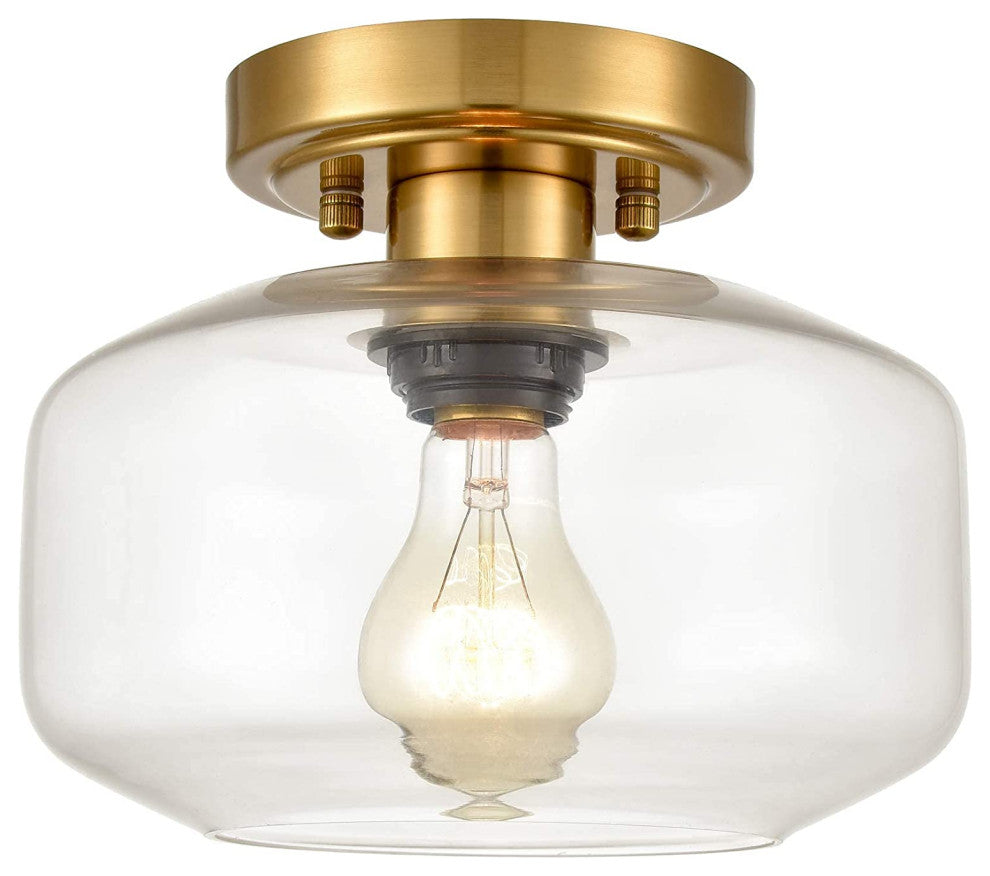 Modern Semi Flush Lighting Fixture Glass Ceiling Lamp, Brass Finish