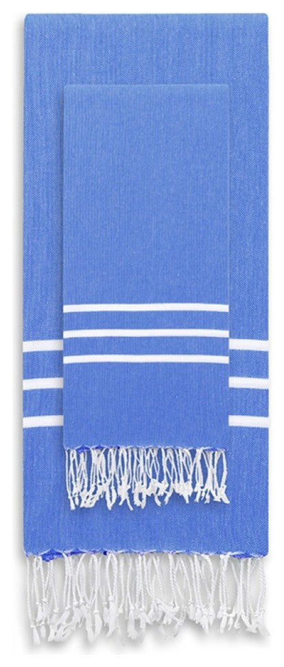 Alara Turkish Pestemal Beach Towel Set, Royal Blue/White Stripes, 38"x23"