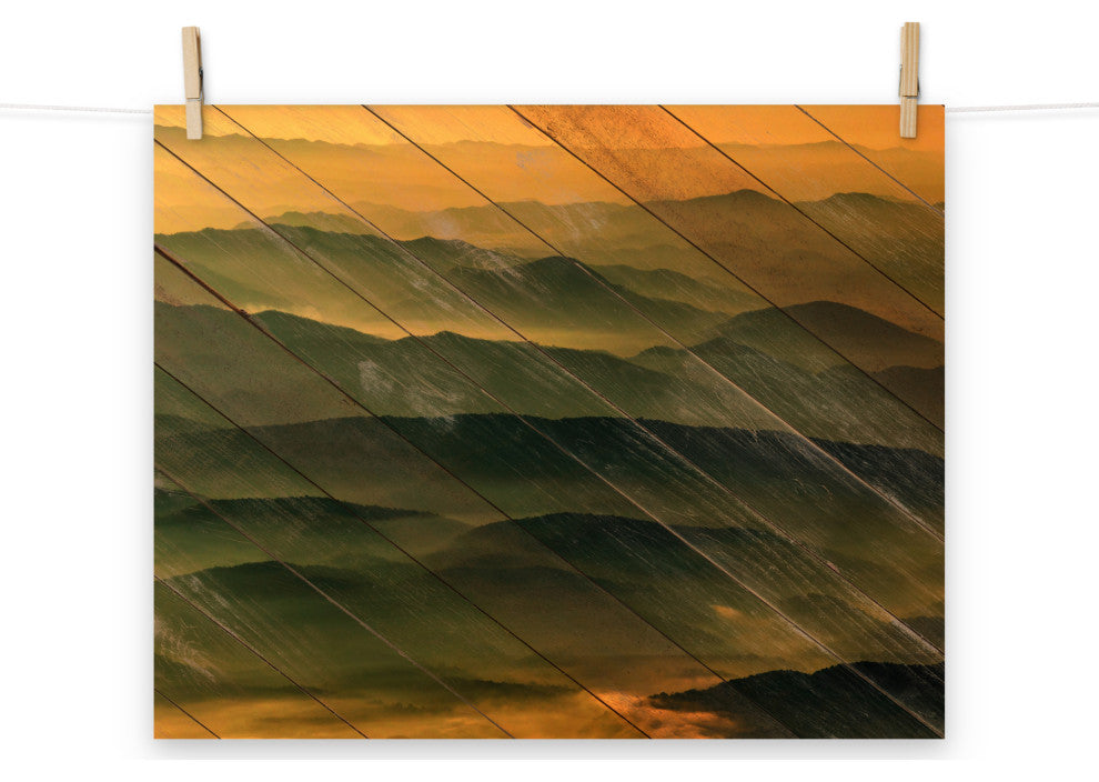 Faux Wood Foggy Mountain Layers at Sunset Landscape Unframed Wall Art Prints, 16" X 20"