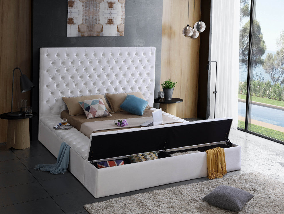 Bliss Velvet Upholstered  Bed, White, Full