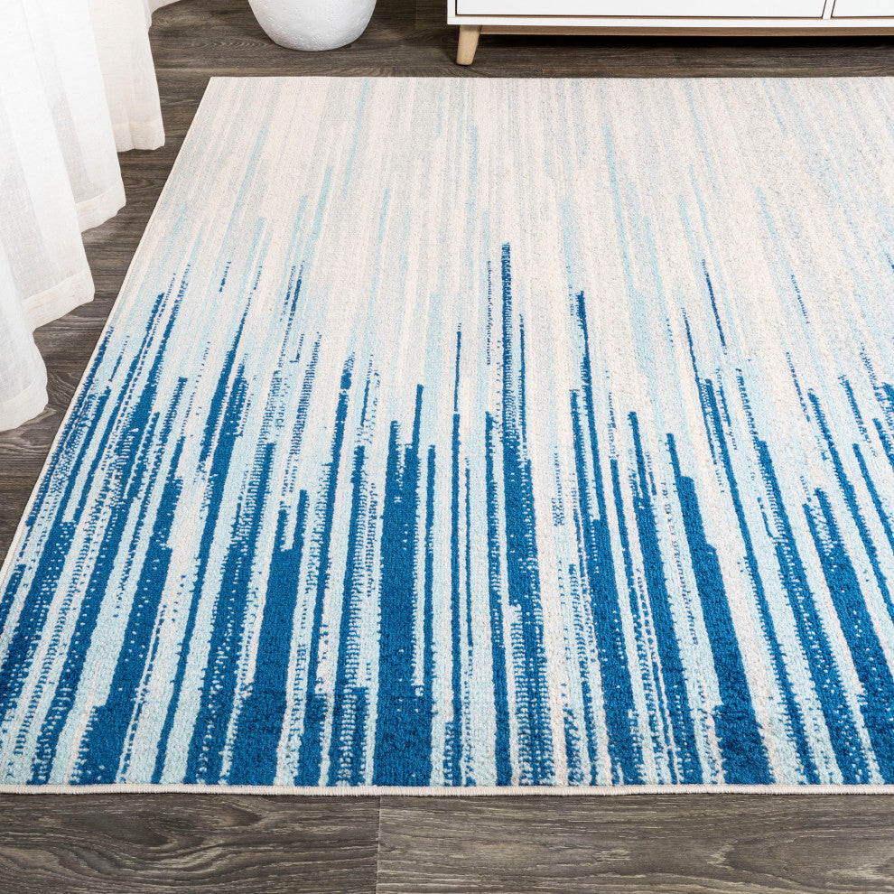 Linear Modern Half-Stripe Area Rug, Blue/Cream, 4 X 6