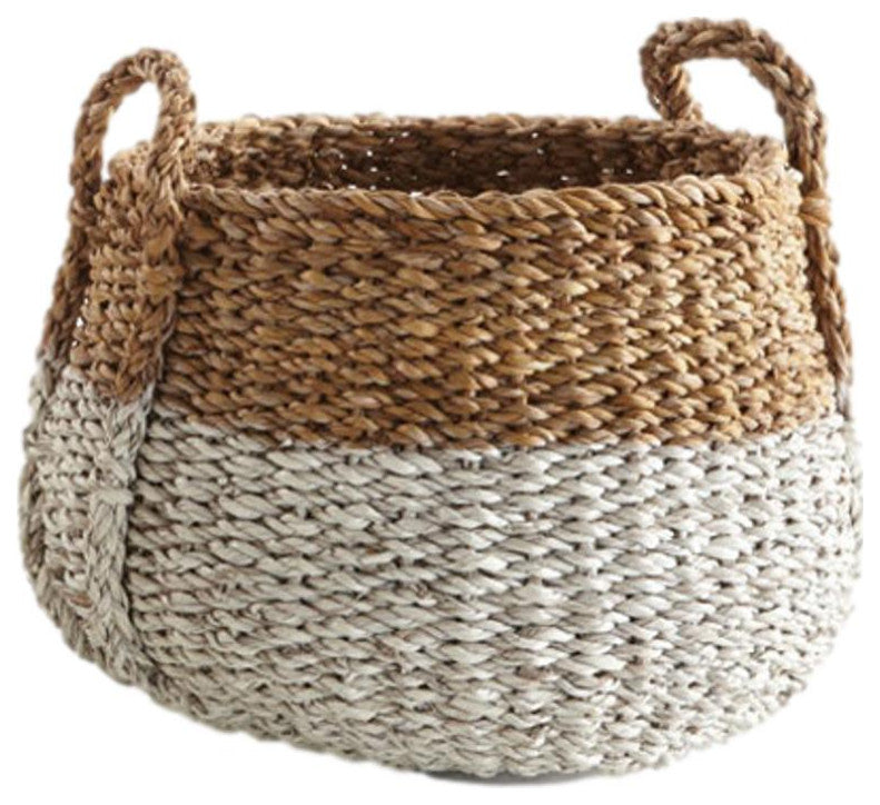 Set of 3 Two Tone Woven Sea Grass Storage Baskets Round White Natural 16 12 8 in