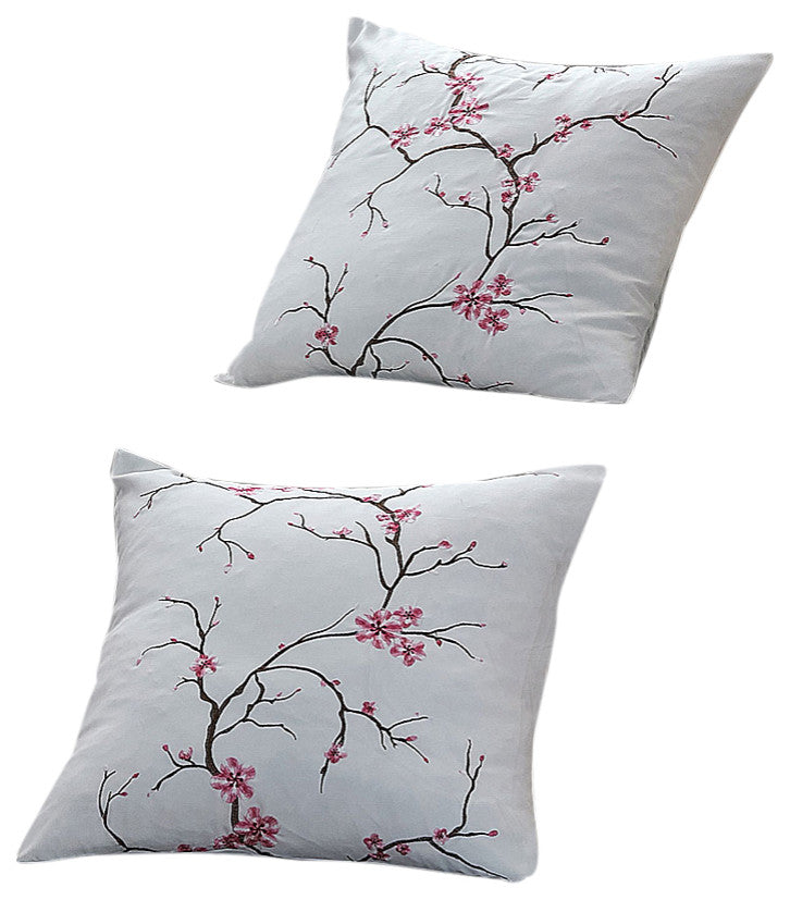 Cherry Blossom Embroidery 2 Piece Pillow Covers, Pink, 26" X 26"