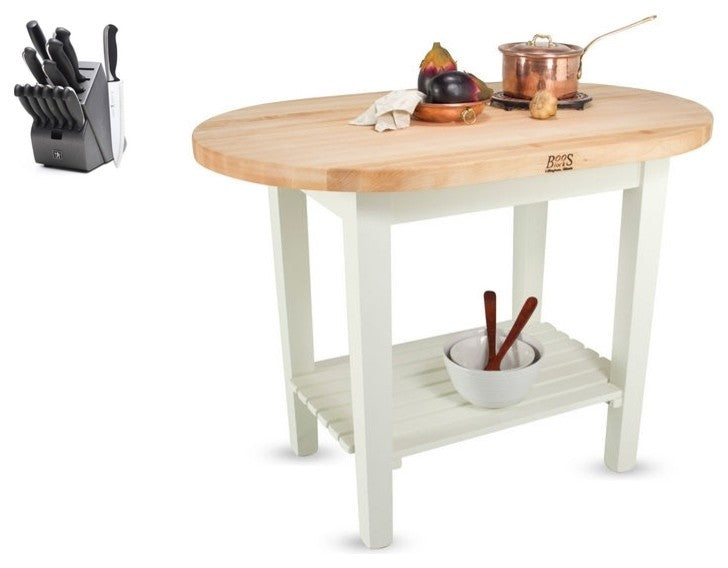 John Boos Elliptical 48x30 Table and Henckels Knife Set, Warm Cherry Stain, One Shelf, Baskets