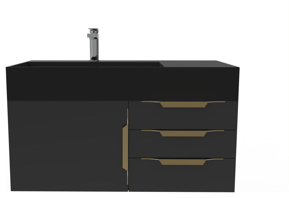 CastelloUSA Amazon 36" Wall Mount Vanity Set, Black, Black Top, Gold Handles