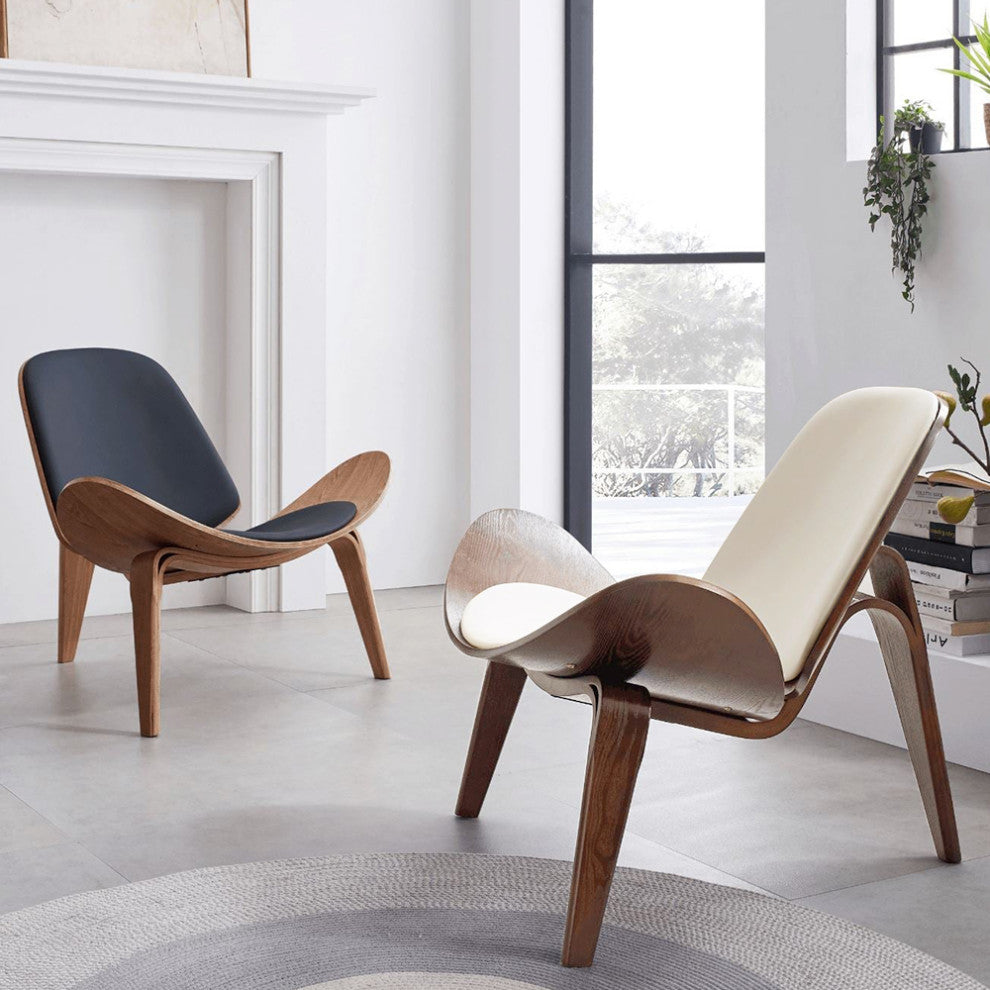 Modern Tripod Black Leather Shell Lounge Chair With Single Side, White