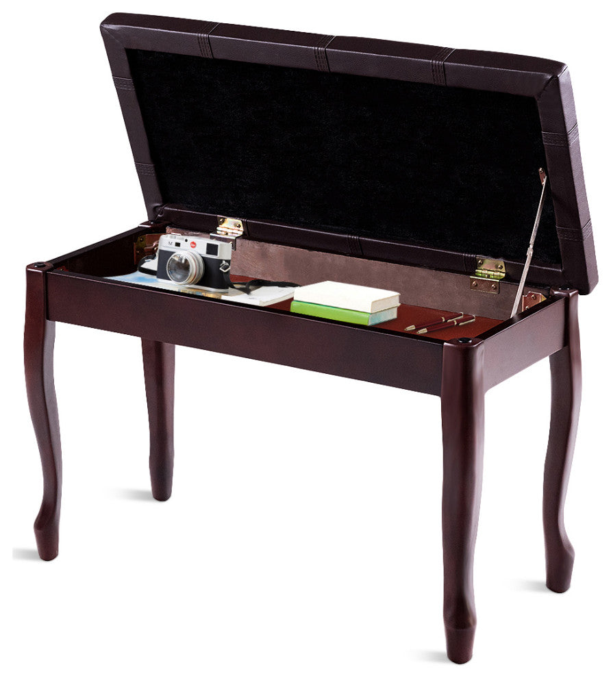 Costway Solid Wood PU Leather Piano Bench Padded Double Duet Seat Storage Brown