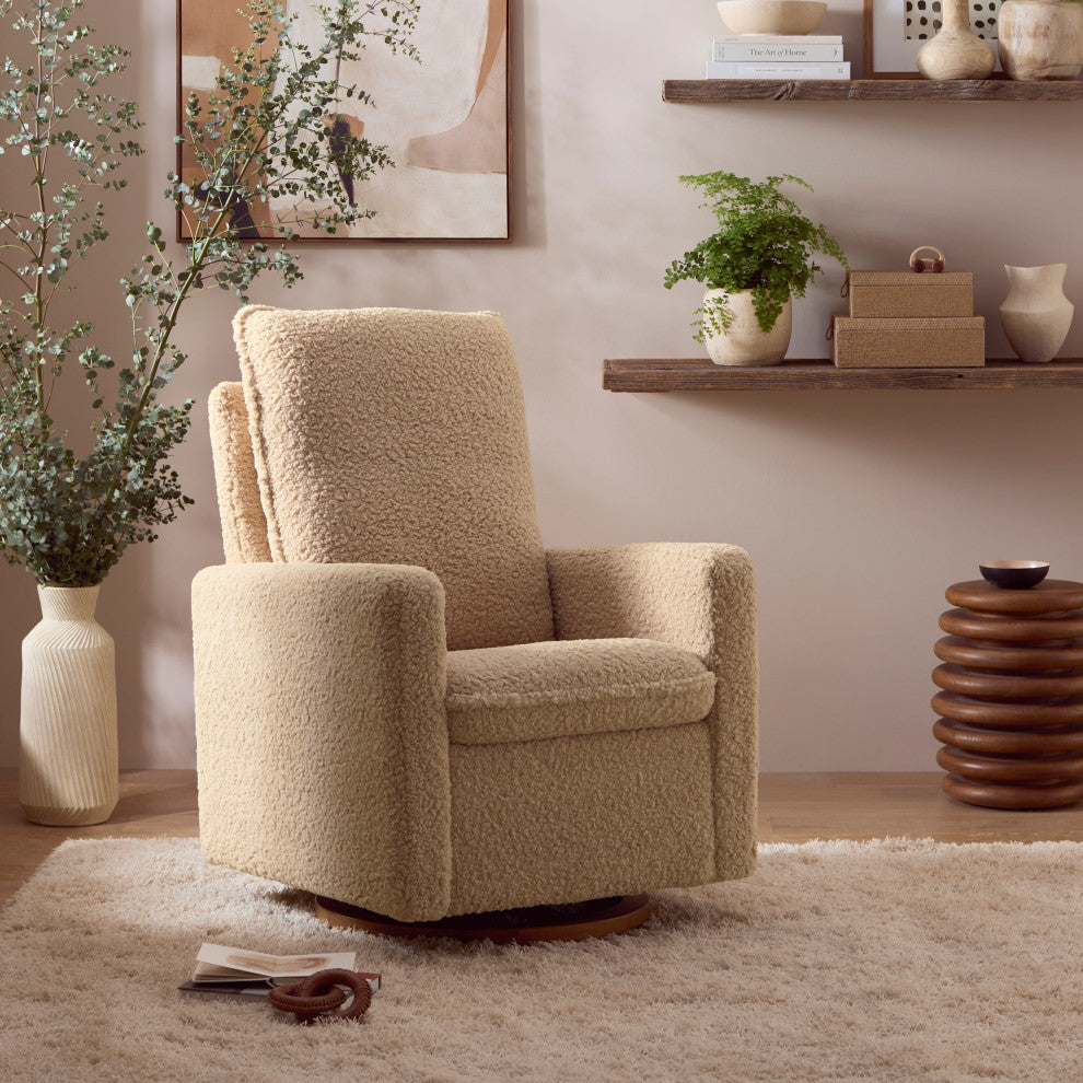 Cali Pillowback Swivel Glider, Boucle, Chai Shearling With Dark Wood Base
