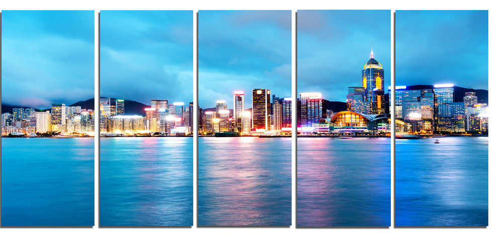 Colorful Hong Kong at Night, Cityscape Canvas Art Print, 60"x28", 5 Panels