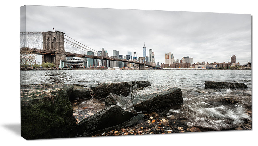 Brooklyn Bridge with Rocks on Shore, Large Cityscape Canvas Art Print, 32"x16"