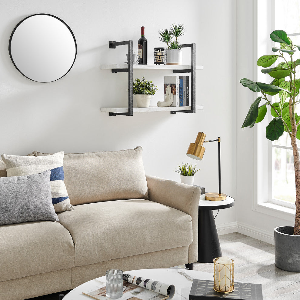 Danya B. Modern 2-Tier Hanging Wall Shelves, Metal and White Birch Finish