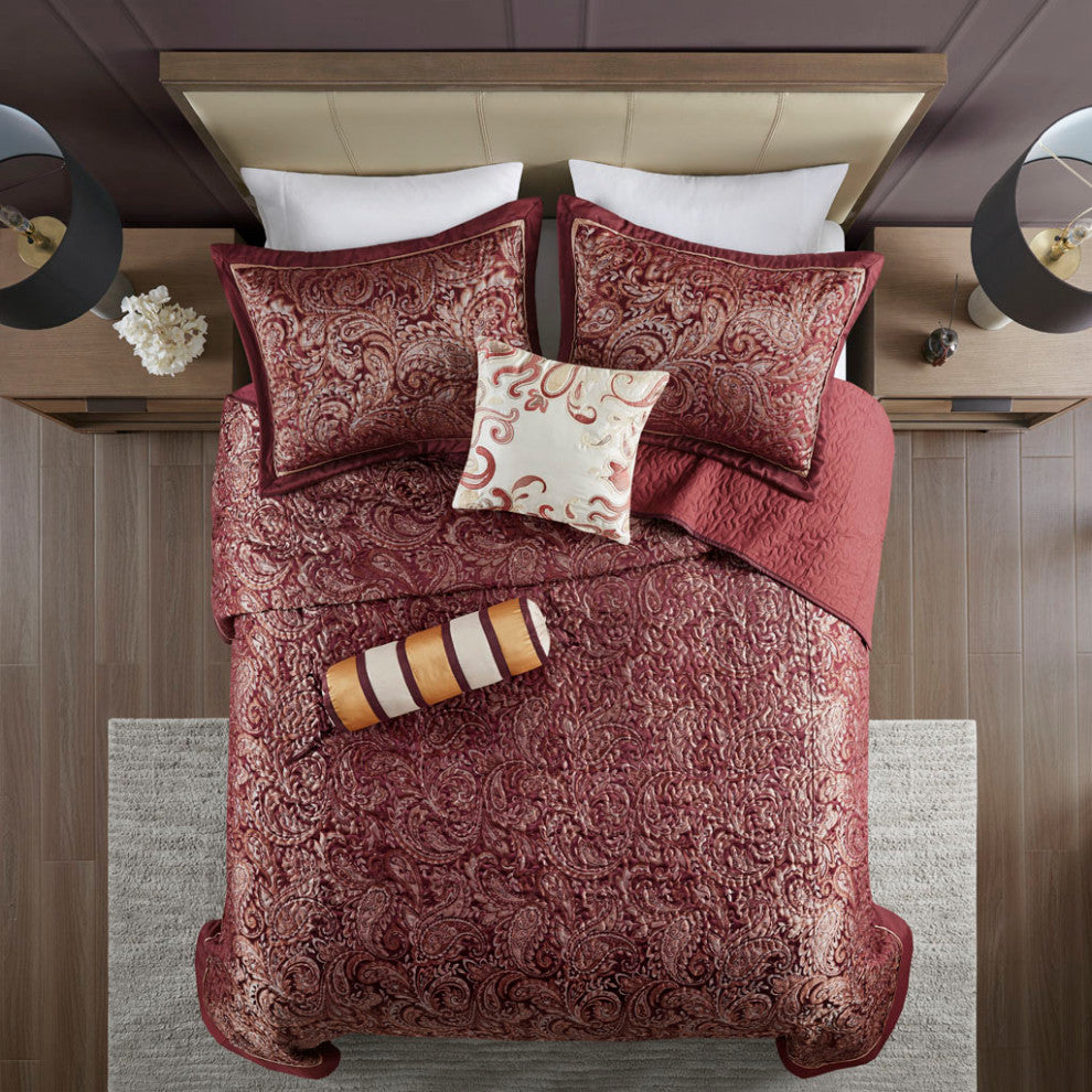 Madison Park Aubrey 5 Piece Reversible Jacquard Bedspread Set, Burgundy